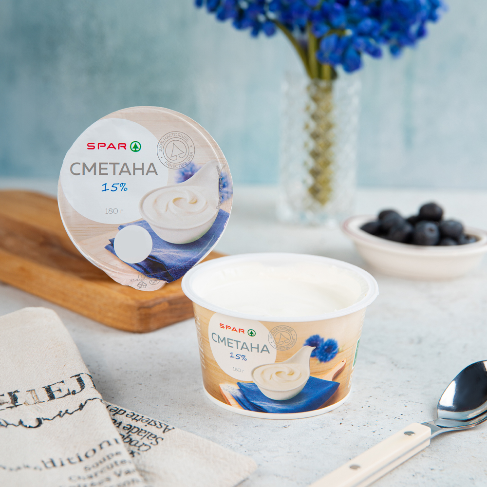 Изображение товара Сметана SPAR 15% 180 г - натуральная, ГОСТ
