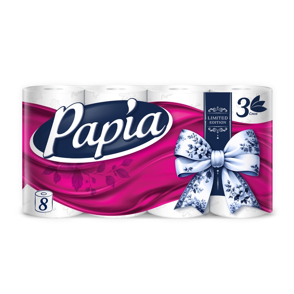 Изображение товара Papia Белая 3 слоя, 8 рулонов - мягкая и прочная туалетная бумага