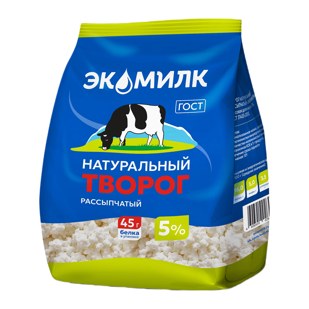 Изображение товара Творог Экомилк Рассыпчатый 5% 280 г - натуральный и полезный продукт для всей семьи