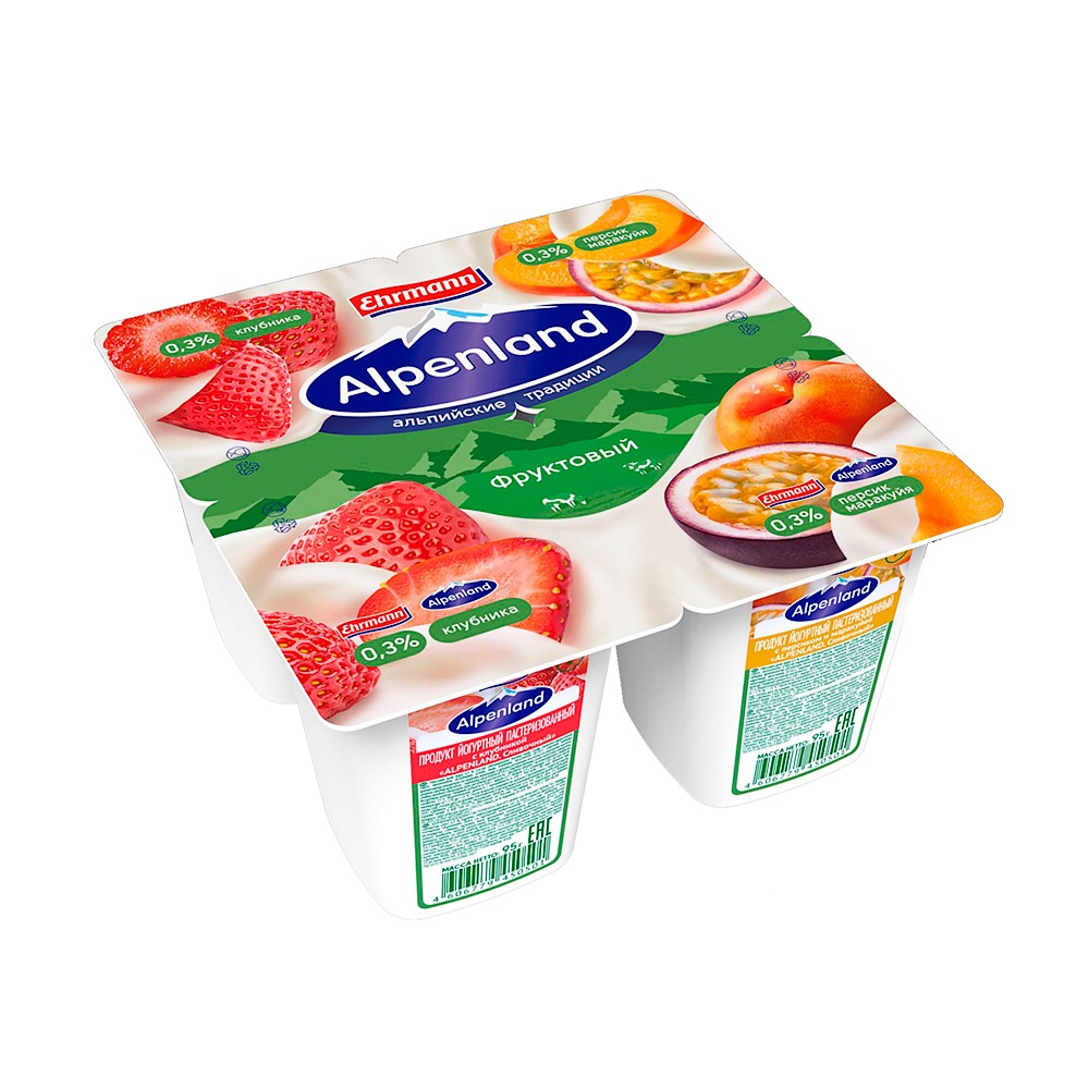 Изображение товара Продукт Йогуртный Alpenland Клубника Персик Маракуйя 95г